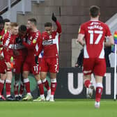 The Middlesbrough players celebrate. (Photo by Athena Pictures/Getty Images)