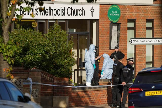 Forensic officers at the scene near the Belfairs Methodist Church, in Eastwood Road North, Leigh-on-Sea, Essex, where Conservative MP Sir David Amess has died after he was stabbed several times at a constituency surgery.