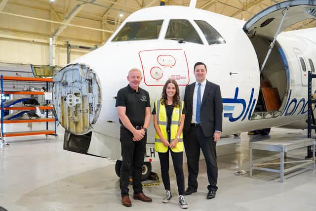 From left, vice president of aircraft operations at Willis Lease Finance Corporation, Kevin O'Hare, apprentice Olivia Theasby, and Tees Valley Mayor Ben Houchen.