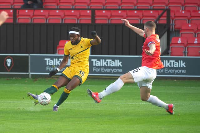 Claudio Ofosu of Hartlepool Utd FC  tries a shot on goal under pressure from Salford’s players during the FA Cup match between Salford City and Hartlepool United at Moor Lane, Salford on Saturday 7th November 2020. (Credit: Ian Charles | MI News)