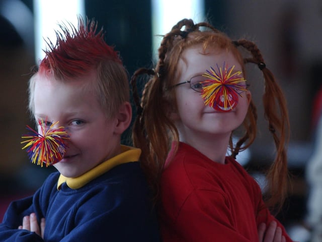 Pupils at Golden Flatts Primary School celebrate Comic Relief in 2005.