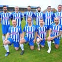 Hartlepool Team (rear left to right) Tommy Miller, Mark Tinkler, Michael Nelson, Adam Boyd, Evan Horwood and Kevin Henderson. (Front left to right) Tommy Butler, Michael Barron, Jonathan Franks and Peter Hartley. in the Gemma Lee charity game played at The Suits Direct Stadium, Hartlepool. Picture by FRANK REID