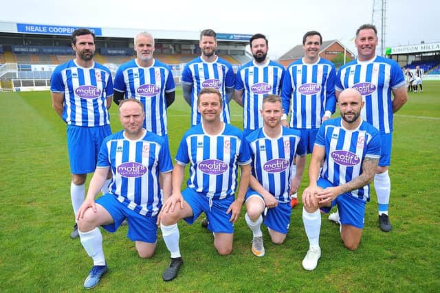 Hartlepool Team (rear left to right) Tommy Miller, Mark Tinkler, Michael Nelson, Adam Boyd, Evan Horwood and Kevin Henderson. (Front left to right) Tommy Butler, Michael Barron, Jonathan Franks and Peter Hartley. in the Gemma Lee charity game played at The Suits Direct Stadium, Hartlepool. Picture by FRANK REID