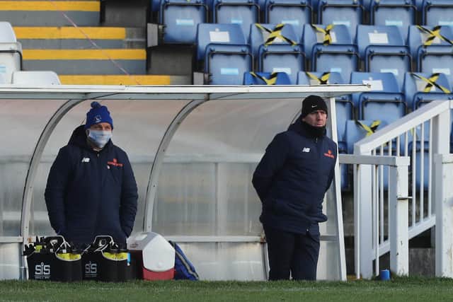 Hartlepool manager, Dave Challinor during the Vanarama National League match between Hartlepool United and Wealdstone at Victoria Park, Hartlepool on Saturday 9th January 2021. (Credit: Mark Fletcher | MI News)