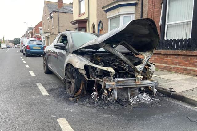 The remains of a car in Osborne Road, Hartlepool.