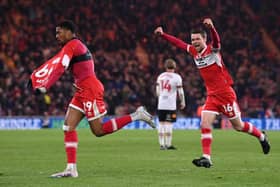 Middlesbrough player Chuba Akpom celebrates with Jonny Howson after scoring the third Boro goal during the Sky Bet Championship between Middlesbrough and Hull City at Riverside Stadium. (Photo by Stu Forster/Getty Images)