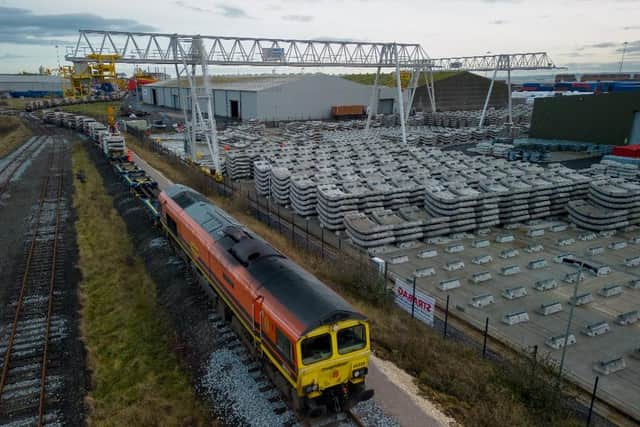 The first loaded train setting off from STRABAG in Hartlepool.