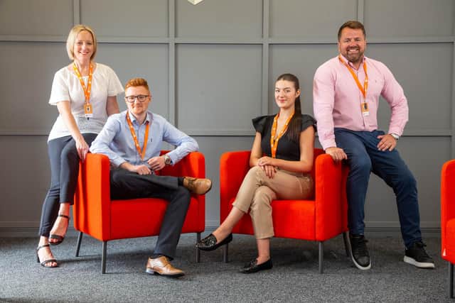 From left, Orangebox's professional development training manager Claire Craig, Lewis McKenna,  Elisha Naisbitt and chief executive Simon Corbett
