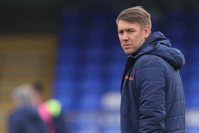 Hartlepool manager, Dave Challinor   during the Vanarama National League match between Hartlepool United and Maidenhead United at Victoria Park, Hartlepool on Saturday 8th May 2021. (Credit: Mark Fletcher | MI News)