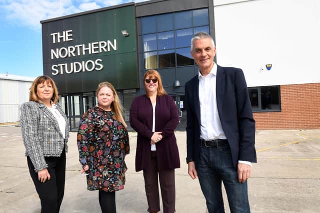 Left to right: Denise McGuckin, MD of Hartlepool Borough Council, Alison Gwynn, Chief Executive, Northern Film + Media, Julie Gilhespie, Tees Valley Combine Authority Group Chief Executive and BBC Director-General Tim Davie.