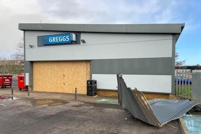 The Greggs bakery, in Shotton Colliery Industrial Estate was boarded up after the incident./