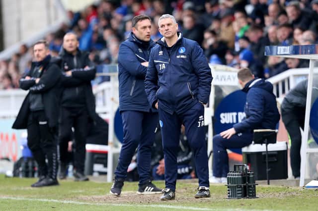 Hartlepool United manager John Askey and assistant Mark Goodlad pictured at the Suit Direct Stadium. Photo: Mark Fletcher | MI News.