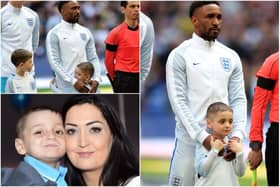 England's Jermain Defoe with mascot Bradley Lowery during the World Cup Qualifying match at Wembley Stadium, London, in 2017. Also pictured with mum Gemma Lowery.