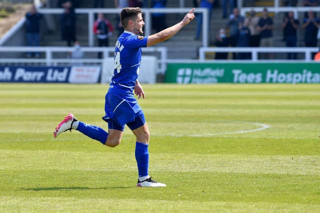 Gavin Holohan celebrates his goal. Hartlepool United FC 4-0 Weymouth FC 29-05-2021. Picture by FRANK REID