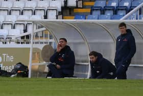 Hartlepool manager, Dave Challinor shouts instructions from the dugout (Credit: Mark Fletcher | MI News)