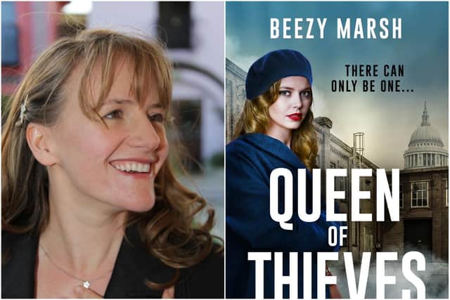 Author Beezy Marsh and the cover of her new book Queen of Thieves.