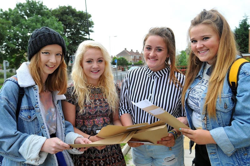 English Martyrs Catholic School and Sixth Form College students Holly Carr, Charlotte Hodgson, Lucy Suggitt and Eden Huntley celebrate their GCSE results in 2013.