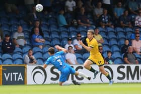 Rhys Oates of Hartlepool United and James Jennings of Stockport County   during the Vanarama National League match between Stockport County and Hartlepool United at the Edgeley Park Stadium, Stockport on Sunday 13th June 2021. (Credit: Mark Fletcher | MI News)