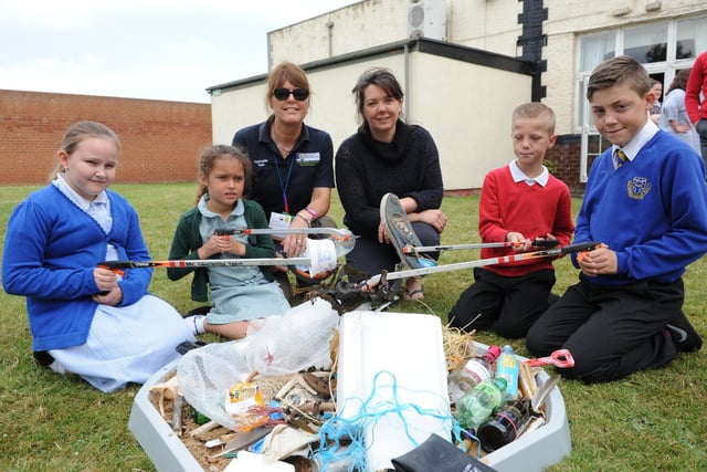 The West View Project hosted a Schools Council conference at the Staincliffe Hotel. From left, Deborah Jefferson and Vicky Rae with pupils Kelsie Hughes, Megan Vasquez, Dean Jenkins and John-Thomas Richardson, looking at litter from the beach.
