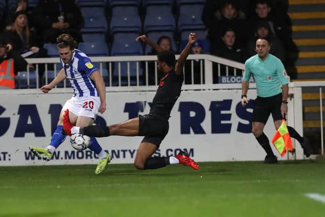 Hartlepool United's Reagan Ogle in action with Everton's  Reece Welch  during the EFL Trophy match between Hartlepool United and Everton at Victoria Park, Hartlepool on Tuesday 2nd November 2021. (Credit: Mark Fletcher | MI News)
