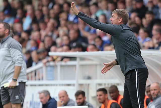 Hartlepool United manager Dave Challinor during the Sky Bet League 2 match between Hartlepool United and Crawley Town at Victoria Park, Hartlepool on Saturday 7th August 2021. (Credit: Mark Fletcher | MI News)