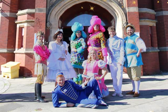 The cast of Cinderella outside Hartlepool Town Hall Theatre.