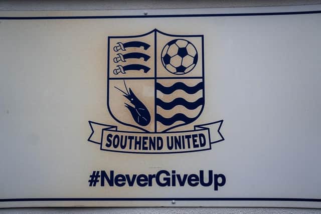 SOUTHEND, ENGLAND - FEBRUARY 16: The club logo is displayed by the entrance to Roots Hall football stadium, home of Southend United Football Club, on February 16, 2023 in Southend, England. 116-year-old Southend United FC is facing a financial crisis resulting in failure to pay their staff and players. The club is on a transfer embargo and due to management problems and weak performance is losing around 2 million GBP per year. (Photo by Carl Court/Getty Images)