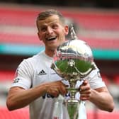 Danny Rowe of AFC Flyde celebrates with the trophy at the end of the FA Trophy Final match between Leyton Orient and AFC Fylde at  Wembley Stadium on May 19, 2019 in London, England. (Photo by Jordan Mansfield/Getty Images)