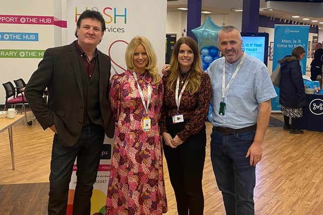 Left to right: DJ Paul Gough, and Hartlepool and Stockton Health workers Dawn Evans, Margaret Llewellyn Rodgers and Alex Gray.