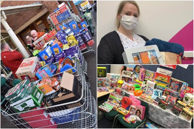 From left: The big hamper project shop at Morrisons with Poolie Time Exchange and Steelworks social club, Rebecca Carney of Lindisfarne care home, and some of Radio Hartlepool's gift appeal donations.