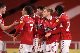 Middlesbrough players celebrate scoring against Swansea at the Riverside.
