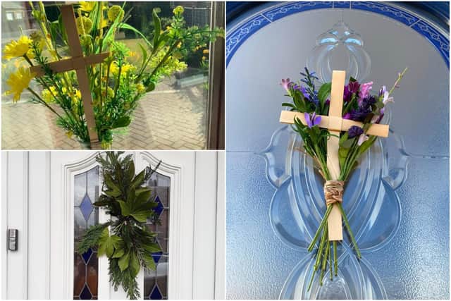 Some of the beautiful home made palm leaf and crosses displayed on people's doors and windows after an idea by St Mary's Church in Hartlepool for Palm Sunday.