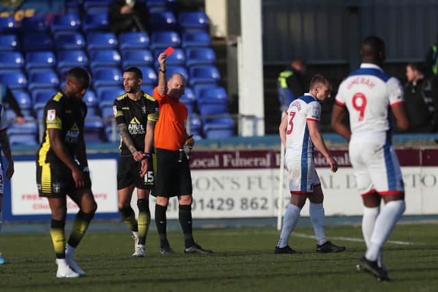 Sutton United captain Craig Eastmond was shown a red card against Hartlepool United. (Photo: Mark Fletcher | MI News)