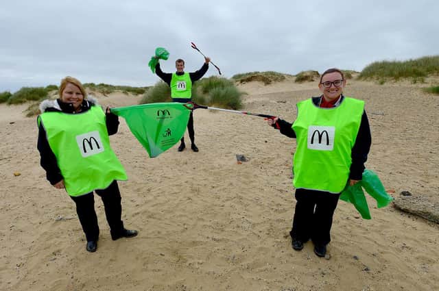 (Left to right) Vicky Vale, Ted Brown and Denise Hopkins-Noble from Burn Road, Town Centre and Marina McDonalds at the start of their litter pick. Picture by FRANK REID