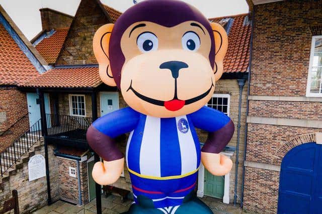 A giant inflatable of Hartlepool United mascot H'Angus the Monkey appeared at Hartlepool's Historic Quay ahead of the club's play-off final in June.