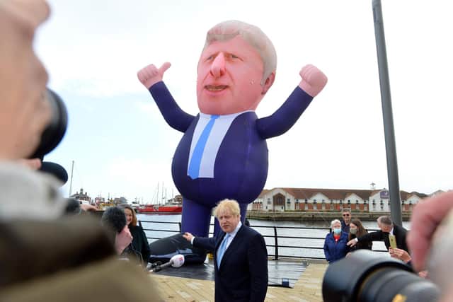 Boris Johnson visiting Jackson's Wharf, in Hartlepool following the Conservative's by-election victory in 2021.