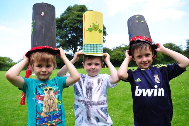 Greatham Primary School pupils Oz Roberts, Riley Cannell and Jacob Hunter in their Mad Hatters hats. Does this bring back memories of 2014?