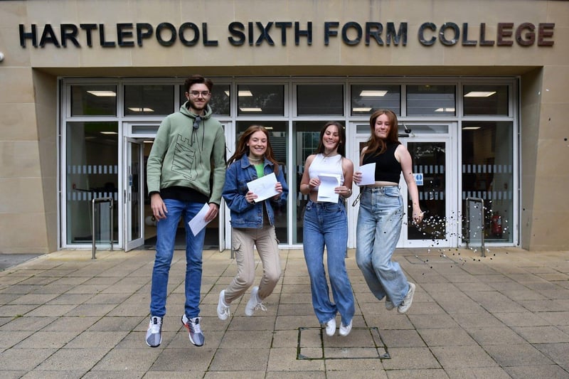 Hartlepool Sixth Form College students jump for joy after receiving their results.
