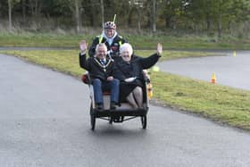 The Mayor and Mayoress of Hartlepool having a ride around the new cycle track at Summerhill Country Park.