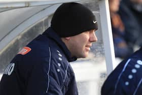 Hartlepool United manager Dave Challinor during the Vanarama National League match between Hartlepool United and Aldershot Town at Victoria Park, Hartlepool on Saturday 8th February 2020. (Credit: Mark Fletcher | MI News)