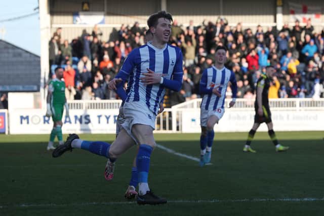 Tom Crawford celebrates after scoring to level the score at 1-1 during the League Two match between Hartlepool United and Sutton United. (Credit: Mark Fletcher | MI News)