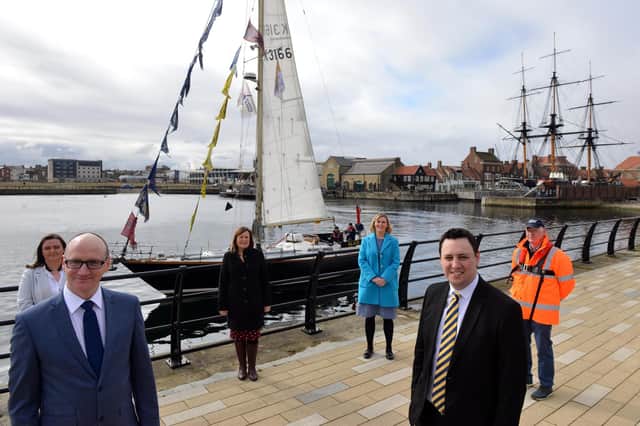 Hartlepool Tall Ships partners celebrate the town being chosen to be a host port in 2023. Front from left Coun Shane Moore, Leader of Hartlepool Borough Council and Ben Houchen, Tees Valley Mayor. Back from left Clare Duncan, Operation Manager of the National Museum of the Royal Navy, Denise McGuckin, Hartlepool Borough Council Managing Director, Gemma Ptak, Hartlepool Borough Council Assistant Director and Allan Henderson, Director of Hartlepool Marina Ltd.