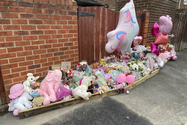 Flowers and messages left outside a house in Milton Grove, Shotton Colliery, following the death of Maya Louise Chappell last month. Michael Daymond has appeared at crown court for the first time after he was charged with her murder.