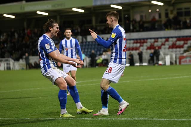 Hartlepool United's Matty Daly celebrates with Reagan Ogle after scoring their first goal during the EFL Trophy match between Hartlepool United and Everton at Victoria Park, Hartlepool on Tuesday 2nd November 2021. (Credit: Mark Fletcher | MI News)