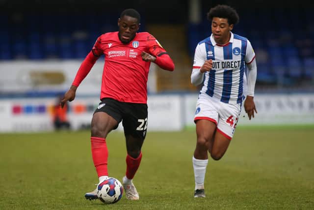 Blackpool midfielder Tayt Trusty made his Hartlepool United debut in the 2-1 defeat to Colchester United at the Suit Direct Stadium. (Credit: Michael Driver | MI News)