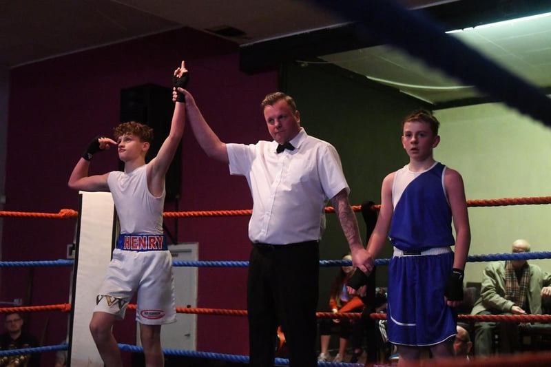 Henry Rowbotham (left) takes on Pup Lyons at the Gus Robinson Boxing Show at the Corporation Club in 2016.