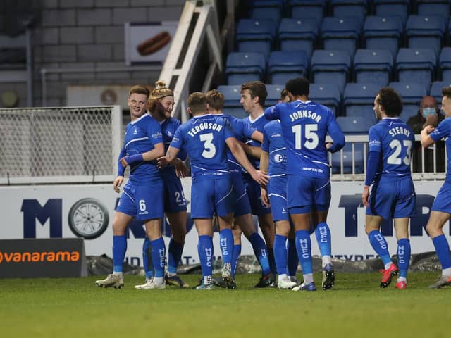 Hartlepool United's Luke Armstrong celebrates after scoring their first goal   during the Vanarama National League match between Hartlepool United and Barnet at Victoria Park, Hartlepool on Saturday 27th February 2021. (Credit: Mark Fletcher | MI News)