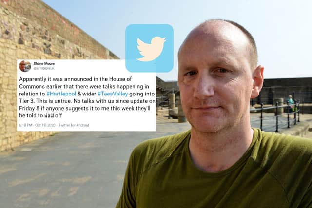 Hartlepool Borough Council leader Councillor Shane Moore tweeted to express his views on what he would say if the Government suggested a move into tier 3 restrictions.