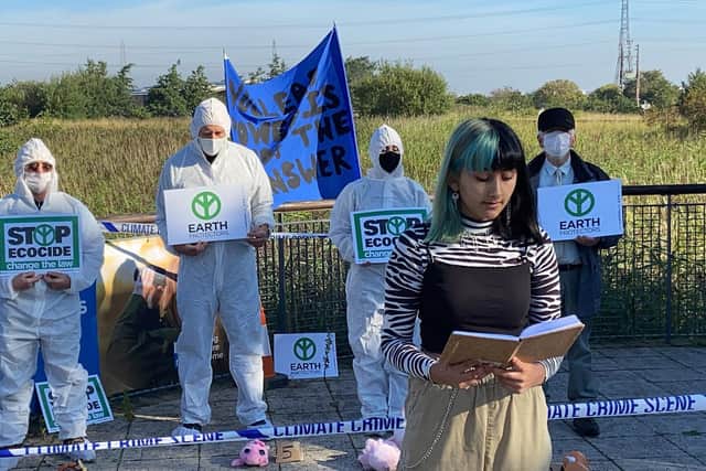 Jessica Maddison, from Extinction Rebellion, making a speech at RSPB Saltholme, near Hartlepool, about power station plans.
