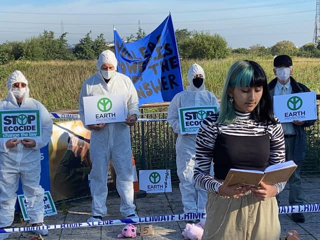Jessica Maddison, from Extinction Rebellion, making a speech at RSPB Saltholme, near Hartlepool, about power station plans.